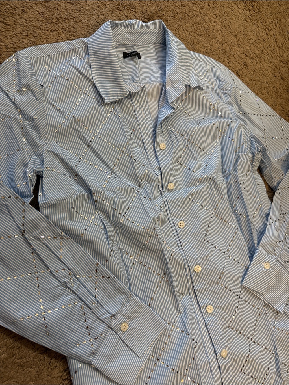 Talbots Womens Small Classic Light Blue Striped Rhinestone Plaid Button-Up Shirt